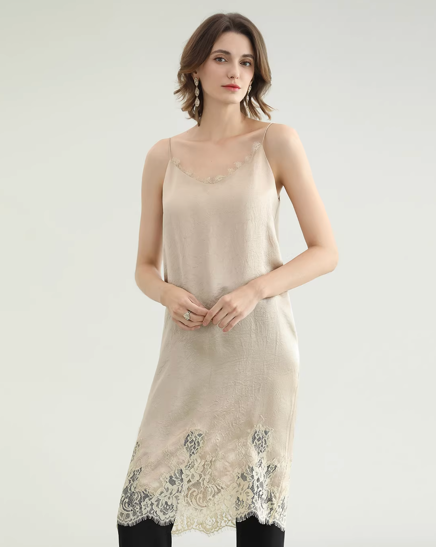 Redgray Lace Trim Satin Slip Dress