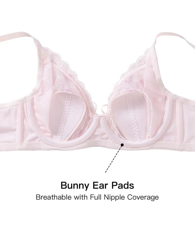 Cute Bras for Women Floral Lace Bralettes with Bunny Ears Pads Soft Underwire Push Up Mesh Butterfly Bra 32B-40C