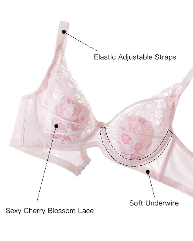 Cute Bras for Women Floral Lace Bralettes with Bunny Ears Pads Soft Underwire Push Up Mesh Butterfly Bra 32B-40C