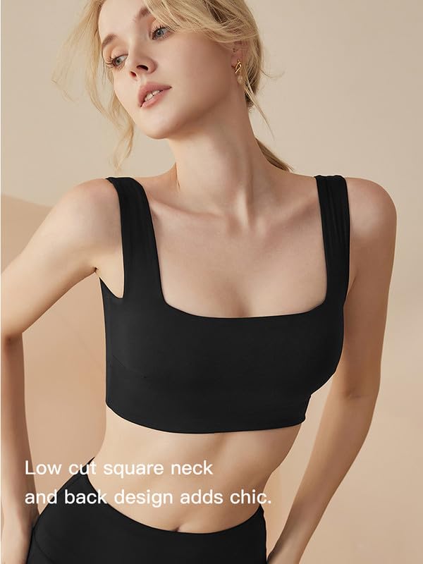 Womens Sports Bras Square Neck Longline Bralette Padded Removable Workout Crop Tank Tops Yoga Active Gym Bra M-3XL