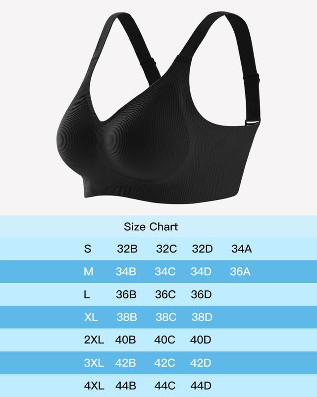 Ribbed Bras for Women with Removable Pads Wireless Bralette Adjustable Seamless Ultra Soft T-Shirt Bra S-4XL
