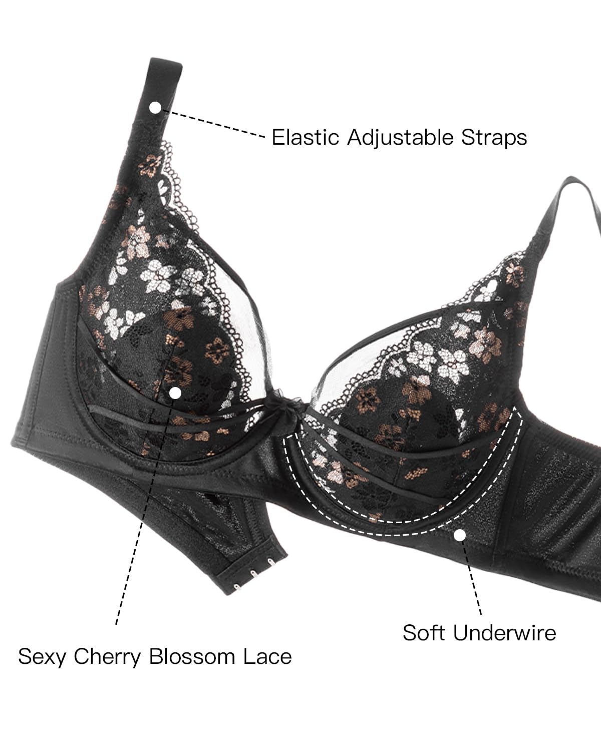 Cute Bras for Women Floral Lace Bralettes with Bunny Ears Pads Soft Underwire Push Up Mesh Butterfly Bra 32B-40C