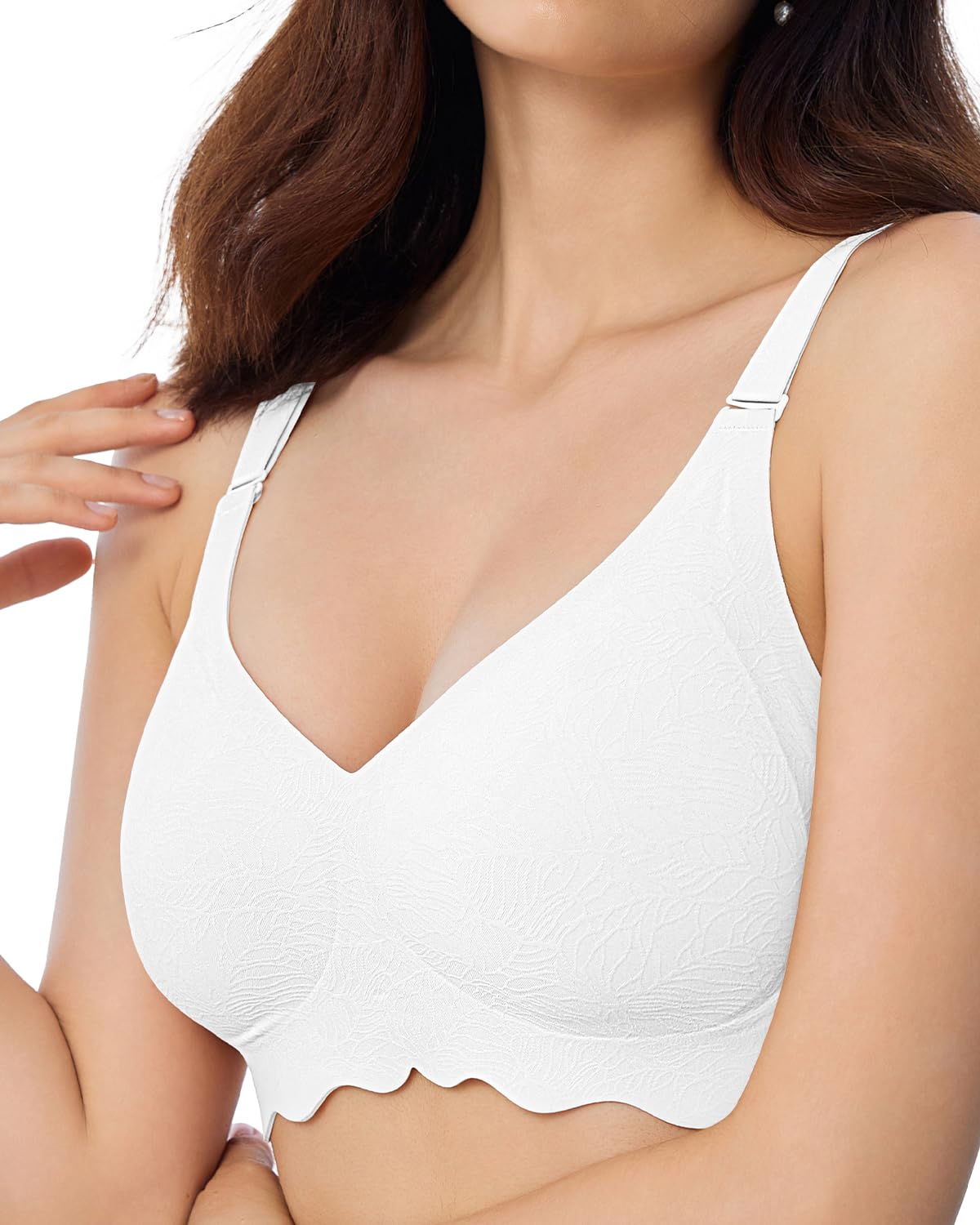 Scalloped Bras for Women No Underwire Floral Seamless Bralette Adjustable Crossover Ultra Soft Bra S-XXL