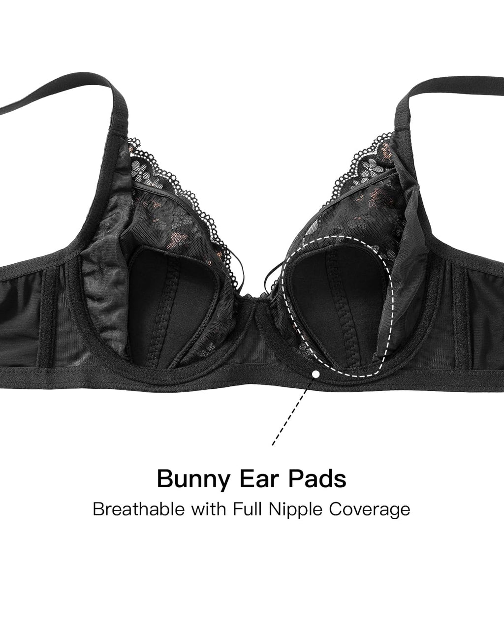 Cute Bras for Women Floral Lace Bralettes with Bunny Ears Pads Soft Underwire Push Up Mesh Butterfly Bra 32B-40C