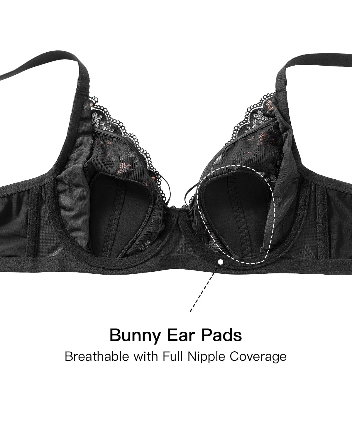 Cute Bras for Women Floral Lace Bralettes with Bunny Ears Pads Soft Underwire Push Up Mesh Butterfly Bra 32B-40C