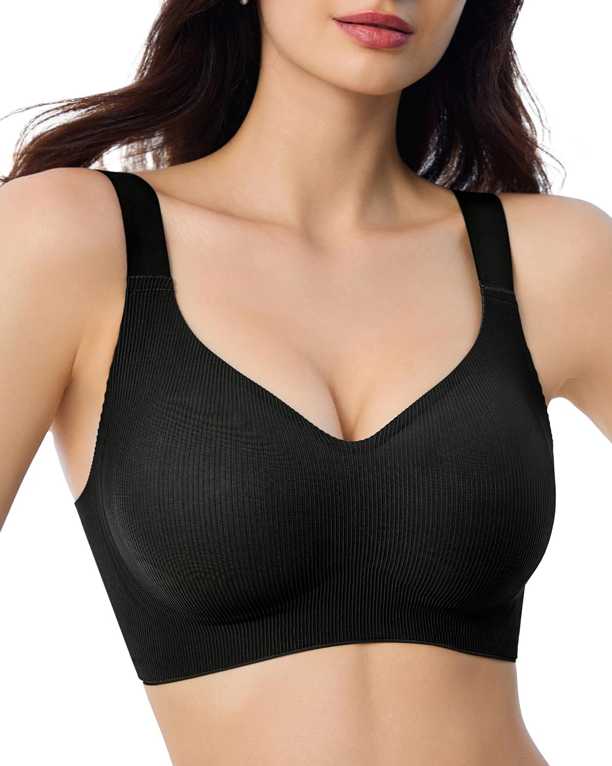 Ribbed Bras for Women with Removable Pads Wireless Bralette Adjustable Seamless Ultra Soft T-Shirt Bra S-4XL
