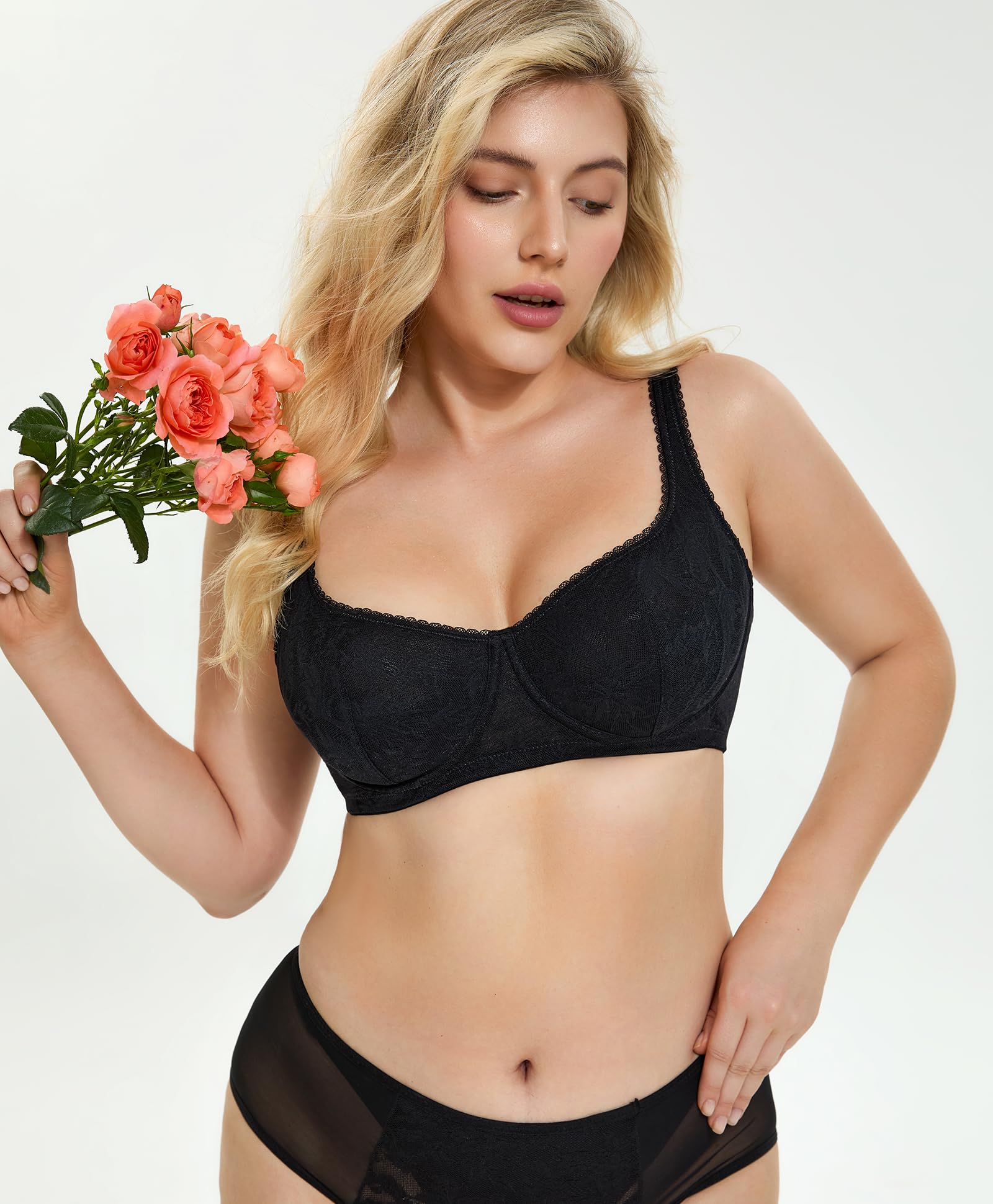 Women's Balconette Bra Push Up Unlined Underwire Lace U-Neck Demi Cup Sexy Plus Size 34C-42DDD