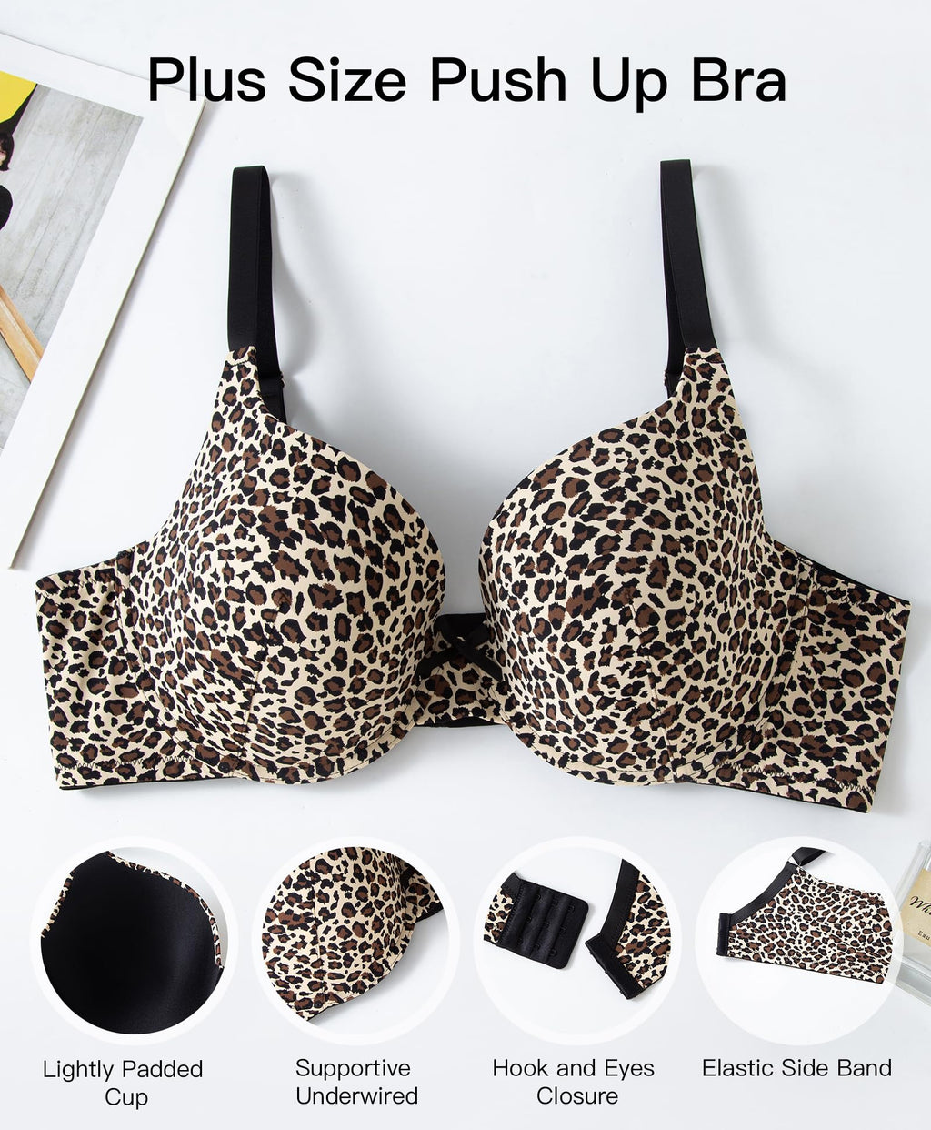 Plus Size Push Up Bra, Full Coverage Lightly Padded Lift Support Bras, Cup up to F