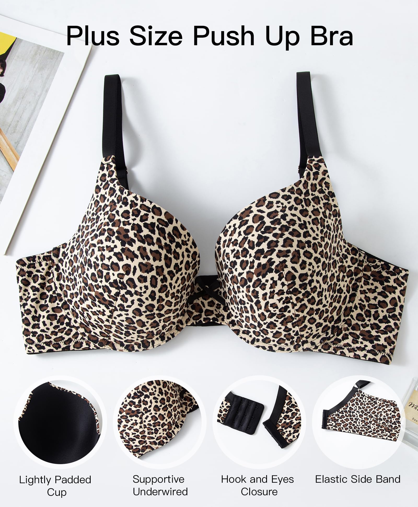 Plus Size Push Up Bra, Full Coverage Lightly Padded Lift Support Bras, Cup up to F