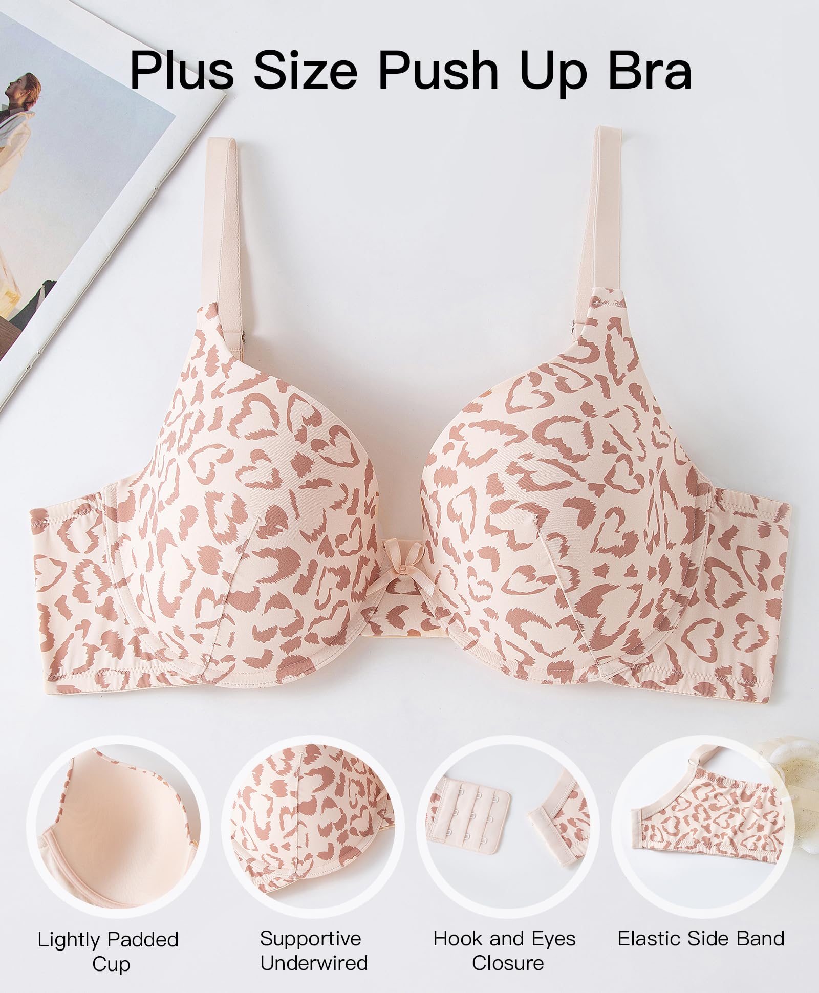 Plus Size Push Up Bra, Full Coverage Lightly Padded Lift Support Bras, Cup up to F