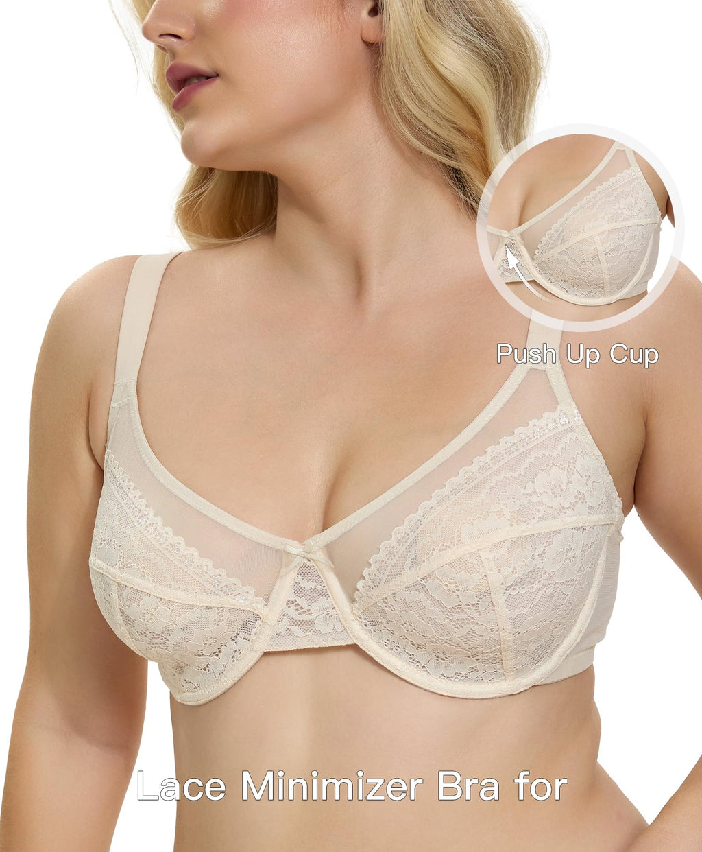 Minimizer Bra for Women Lace Unlined Underwire Full Coverage Plus Size Push Up Bras for Large Bust 34C-40DDD